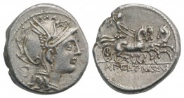 Appius Claudius Pulcher, T. Manlius Mancius and Q. Urbinius, Rome, 111-110 BC. AR Denarius (17mm, 3.95g, 6h). Helmeted head of Roma r.; quadrangular d...