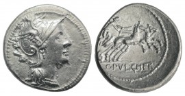 C. Claudius Pulcher, Rome, 110-109 BC. AR Denarius (19mm, 3.91g, 6h). Helmeted head of Roma r.; circular device on helmet. R/ Victory driving biga r. ...