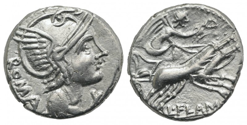 L. Flaminius Chilo, Rome, 109-108 BC. AR Denarius (17mm, 3.88g, 6h). Helmeted he...