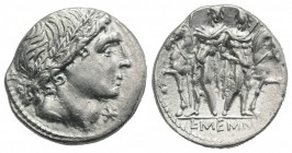 L. Memmius, Rome, 109-108 BC. AR Denarius (19mm, 3.99g, 6h). Male head r., wearing oak wreath. R/ The Dioscuri standing facing before their horses, ea...
