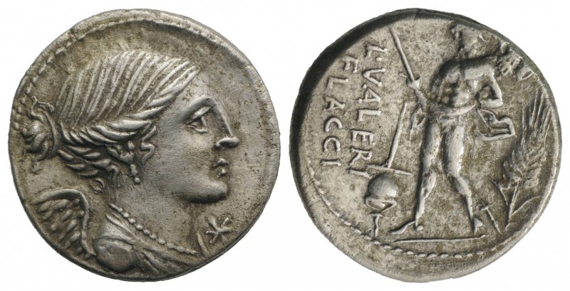L. Valerius Flaccus, Rome, 108-107 BC. AR Denarius (19mm, 3.80g, 3h). Winged and...