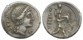 M. Herennius, Rome, 108-107 BC. AR Denarius (19mm, 3.25g, 11h). Diademed head of Pietas r.; control mark before chin. R/ Amphinomus carrying his fathe...