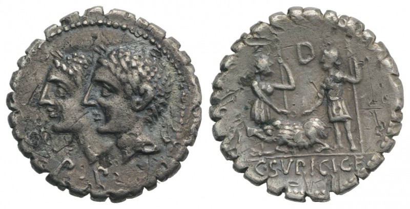C. Sulpicius C.f. Galba, Rome, 106 BC. AR Serrate Denarius (19mm, 3.11g, 6h). Ju...