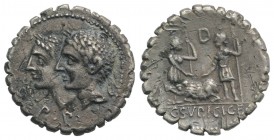C. Sulpicius C.f. Galba, Rome, 106 BC. AR Serrate Denarius (19mm, 3.11g, 6h). Jugate and laureate heads of Dei Penates l. R/ Two male figures standing...