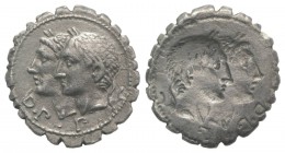C. Sulpicius C.f. Galba, Rome, 106 BC. AR Brockage Serrate Denarius (19mm, 3.77g, 12h). Jugate and laureate heads of Dei Penates l. R/ Incuse of obver...