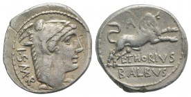 L. Thorius Balbus, Rome, c. 105 BC. AR Denarius (19mm, 3.85g, 6h). Head of Juno Lanuvium r., wearing goat skin. R/ Bull charging r.; A above. Crawford...