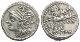 Lucius Appuleius Saturninus, Rome, 104 BC. AR Denarius (19mm, 3.54g, 6h). Helmeted head of Roma l. R/ Saturn in quadriga r. Crawford 317/3a; RBW -; RS...