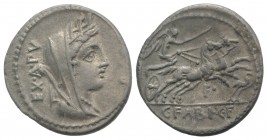 C. Fabius C.f. Hadrianus, Rome, 102 BC. AR Denarius (20mm, 3.85g, 6h). Turreted and veiled head of Cybele r. R/ Victory driving galloping biga r., hol...