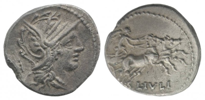 L. Julius, Rome, 101 BC. AR Denarius (19mm, 3.77g, 6h). Helmeted head of Roma r....