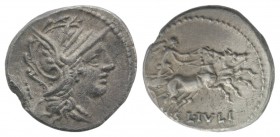 L. Julius, Rome, 101 BC. AR Denarius (19mm, 3.77g, 6h). Helmeted head of Roma r.; grain ears behind. R/ Victory in biga r. Crawford 323/1; RBW 1179; R...