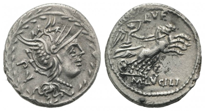M. Lucilius Rufus, Rome, 101 BC. AR Denarius (21mm, 3.98g, 12h). Helmeted head o...