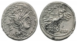 M. Lucilius Rufus, Rome, 101 BC. AR Denarius (21mm, 3.98g, 12h). Helmeted head of Roma r. within laurel wreath. R/ Victory, holding whip, in biga r. C...