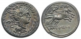 M. Lucilius Rufus, Rome, 101 BC. AR Denarius (20mm, 3.81g, 6h). Helmeted head of Roma r. within laurel wreath. R/ Victory, holding whip, in biga r. Cr...