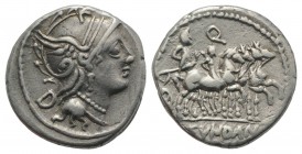 C. Fundanius, Rome, 101 BC. AR Denarius (17mm, 3.83g, 1h). Helmeted head of Roma r.; D behind. R/ Triumphator in quadriga r., holding sceptre and laur...