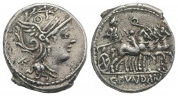 C. Fundanius, Rome, 101 BC. AR Denarius (18mm, 3.85g, 6h). Helmeted head of Roma r.; K behind. R/ Triumphator in quadriga r., holding sceptre and laur...