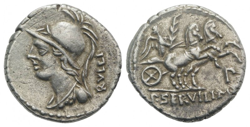 P. Servilius M.f. Rullus, Rome, 100 BC. AR Denarius (20mm, 3.88g, 3h). Helmeted ...
