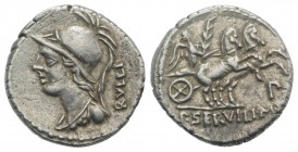 P. Servilius M.f. Rullus, Rome, 100 BC. AR Denarius (20mm, 3.88g, 3h). Helmeted bust of Minerva l., wearing aegis. R/ Victory driving galloping biga r...