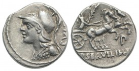 P. Servilius M.f. Rullus, Rome, 100 BC. AR Denarius (18mm, 3.75g, 12h). Helmeted bust of Minerva l., wearing aegis. R/ Victory driving galloping biga ...