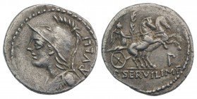 P. Servilius M.f. Rullus, Rome, 100 BC. AR Denarius (20.5mm, 4.01g, 5h). Helmeted bust of Minerva l., wearing aegis. R/ Victory driving galloping biga...