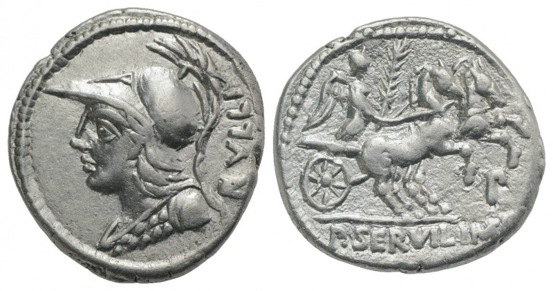 P. Servilius M.f. Rullus, Rome, 100 BC. AR Denarius (19mm, 4.03g, 3h). Helmeted ...