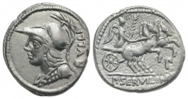 P. Servilius M.f. Rullus, Rome, 100 BC. AR Denarius (19mm, 4.03g, 3h). Helmeted bust of Minerva l., wearing aegis. R/ Victory driving galloping biga r...