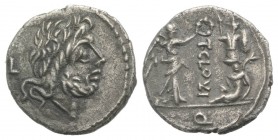 T. Cloulius, Rome, 98 BC. AR Quinarius (14mm, 1.69g, 6h). Laureate head of Jupiter r.; control mark behind. R/ Victory standing r. crowning trophy; be...