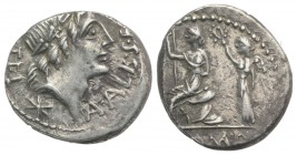 C. Malleolus, A. Albinus Sp.f., and L. Caecilius Metellus, Rome, 96 BC. AR Denarius (18mm, 3.95g, 3h). Laureate head of Apollo r.; star below. R/ Roma...