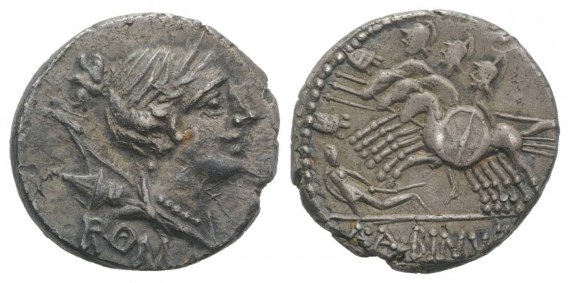 A. Albinus Sp.f., Rome, 96 BC. AR Denarius (18mm, 3.81g, 1h). Bust of Diana r.; ...