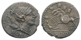 A. Albinus Sp.f., Rome, 96 BC. AR Denarius (18mm, 3.81g, 1h). Bust of Diana r.; bow and quiver over shoulder. R/ Three horsemen galloping l.; fallen w...