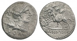 A. Albinus Sp.f., Rome, 96 BC. AR Denarius (18mm, 3.90g, 6h). Bust of Diana r.; bow and quiver over shoulder. R/ Three horsemen galloping l.; fallen w...