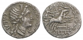 C. Allius Bala, Rome, 92 BC. AR Denarius (17mm, 3.86g, 6h). Diademed female head (Diana?) r. R/ Diana driving galloping biga of stags r., holding spea...