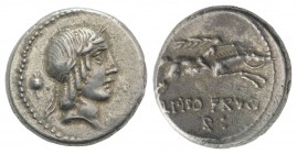 L. Calpurnius Piso Frugi, Rome, 90 BC. AR Denarius (17mm, 4.00g, 12h). Laureate head of Apollo r.; control behind and before. R/ Horseman galloping r....
