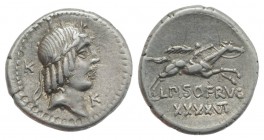 L. Calpurnius Piso Frugi, Rome, 90 BC. AR Denarius (18mm, 3.78g, 3h). Laureate head of Apollo r.; K behind and before. R/ Horseman galloping r., holdi...