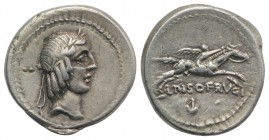L. Calpurnius Piso Frugi, Rome, 90 BC. AR Denarius (20mm, 4.05g, 3h). Laureate head of Apollo r.; two pellets behind. R/ Horseman galloping r., holdin...
