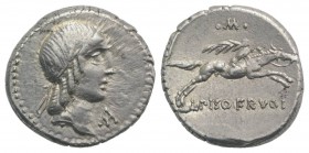 L. Calpurnius Piso Frugi, Rome, 90 BC. AR Denarius (17mm, 3.91g, 11h). Laureate head of Apollo r.; A below chin. R/ Horseman galloping r., holding pal...