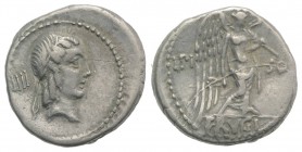 L. Calpurnius Piso Frugi, Rome, 90 BC. AR Quinarius (14mm, 2.00g, 1h). Laureate head of Apollo r.; A to l. R/ Victory advancing r., holding wreath, sw...