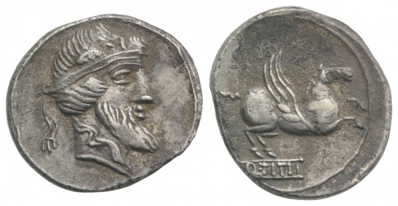 Q. Titius, Rome, 90 BC. AR Denarius (19mm, 3.97g, 11h). Bearded head of Mutinus ...
