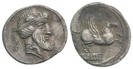 Q. Titius, Rome, 90 BC. AR Denarius (19mm, 3.97g, 11h). Bearded head of Mutinus Titinus r., wearing winged diadem. R/ Pegasus springing r. from inscri...
