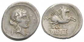 Q. Titius, Rome, 90 BC. AR Denarius (19mm, 3.96g, 7h). Head of young Bacchus r., wearing ivy wreath. R/ Pegasus springing r. Crawford 341/2; RBW 1275;...
