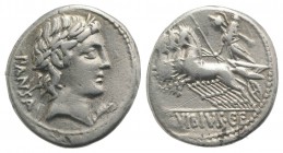 C. Vibius C.f. Pansa, Rome, 90 BC. AR Denarius (18mm, 3.63g, 11h). Laureate head of Apollo r. R/ Minerva driving galloping quadriga l., holding spear,...
