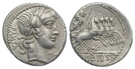 C. Vibius C.f. Pansa, Rome, 90 BC. AR Denarius (18mm, 3.83g, 3h). Laureate head of Apollo r. R/ Minerva driving galloping quadriga r. Crawford 342/5b;...