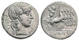 C. Vibius C.f. Pansa, Rome 90 BC. AR Denarius (17.5mm, 3.89g, 9h). Laureate head of Apollo r.; symbol below chin. R/ Minerva driving galloping quadrig...