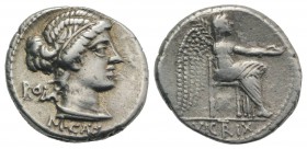 M. Cato, Rome, 89 BC. AR Denarius (17mm, 4.05g, 3h). Diademed and draped female bust r. R/ Victory seated r., holding palm frond and patera. Crawford ...