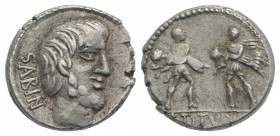 L. Titurius L.f. Sabinus, Rome, 89 BC. AR Denarius (16mm, 3.69g, 12h). Bareheaded and bearded head of King Tatius r.; palm-branch before. R/ Two soldi...