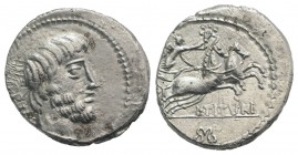 L. Titurius L.f. Sabinus, Rome, 89 BC. AR Denarius (19.5mm, 3.86g, 7h). Bare head of Titus Tatius r. R/ Victory driving biga r., holding wreath; snake...