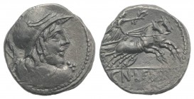 Cn. Lentulus Clodianus, Rome, 88 BC. AR Denarius (17mm, 3.59g, 12h). Helmeted bust of Mars r., seen from behind. R/ Victory driving biga r., holding w...