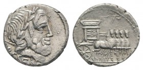 L. Rubrius Dossenus, Rome, 87 BC. AR Denarius (16mm, 4.10g, 6h). Laureate head of Jupiter r.; sceptre behind. R/ Triumphal chariot r. Crawford 348/1; ...