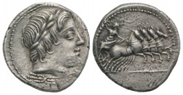 Gargilius, Ogulnius and Vergilius, Rome, c. 86 BC. AR Denarius (20mm, 3.82g, 1h). Head of Apollo Vejovis r., wearing oak wreath; thunderbolt below. R/...