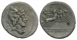 L. Julius Bursio, Rome, 85 BC. AR Denarius (19mm, 3.64g, 3h). Laureate and winged bust of Apollo Vejovis r.; trident over shoulder; symbol behind. R/ ...