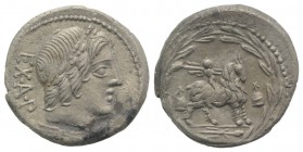 Mn. Fonteius C.f., Rome, 85 BC. AR Denarius (19mm, 3.75g, 7h). Laureate head of Vejovis (or Apollo) r.; thunderbolt below. R/ Infant winged Genius (or...